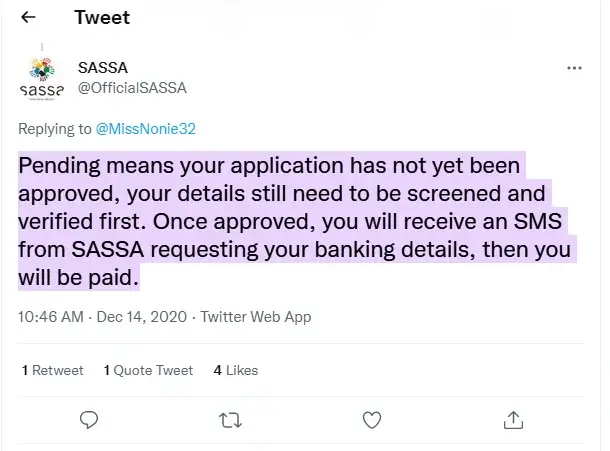 what does pending mean on a Sassa status check?